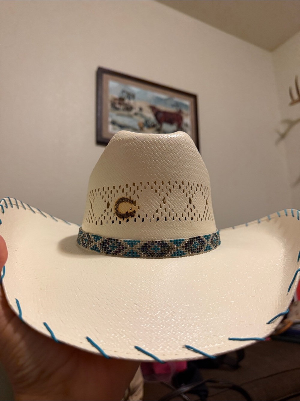 White Straw Western Hat with Turquoise Beaded Band
